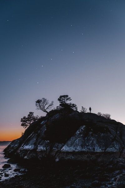 两个人在夜间站在岩层上的剪影
